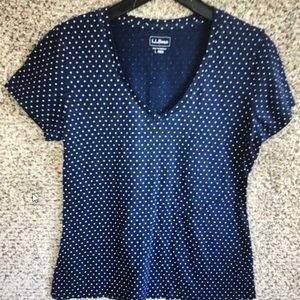 LL bean top women’s medium navy blue polka dot short sleeve 100%